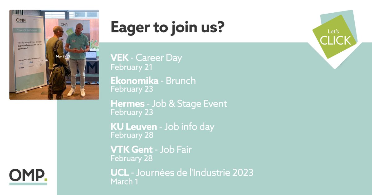 🎓 Passionate about supply chain optimization, data science, or software development? And graduating soon? 

Pass by our booth at one of the below events in Belgium, meet our cheerful team, and find out if we click! More info here: loom.ly/k5J6UcU

#techjobs #hiring