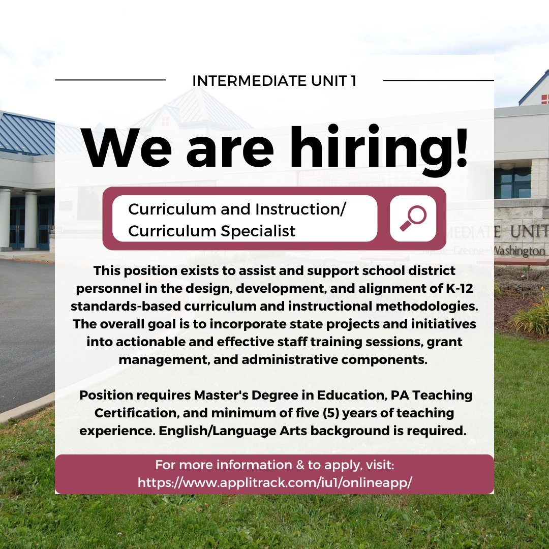 IU1Tweets's tweet photo. #IU1 is looking for a Curriculum Specialist!
For more information on the position and to apply, click here: https://t.co/aYVoRhi1uh
@JennyLentIU1 @DonMartinIU1 @Kristin_SzIU1 @RonGallagherIU1 #jobs #jobsearch #jobhunt #careers #nowhiring #education #curriculum #intermediateunit https://t.co/MEXbbUBjl5