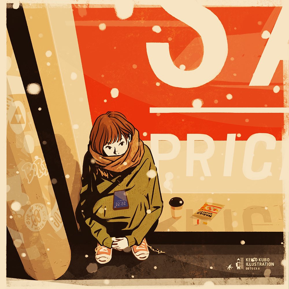 1girl solo brown hair scarf shoes long sleeves squatting  illustration images