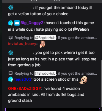 RealBrodohub's tweet photo. im rooting for @velion in getting the armband today if he does a deal is a deal!
#escapefromtarkov #evasionarmband #evasion #velion #tattoo #bet https://t.co/2ryPEZbBbu