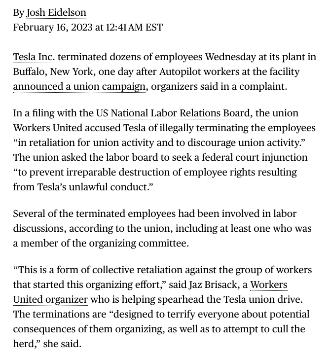greenhousenyt's tweet photo. Tesla terminated dozens of workers at its Buffalo a day after workers there announced a unionization drive, the union told the NLRB.

The union said Tesla had illegally fired employees “in retaliation for union activity" and 
 "to terrify everyone.” 
https://t.co/3azZNmpfxM https://t.co/mGGpbKDomJ