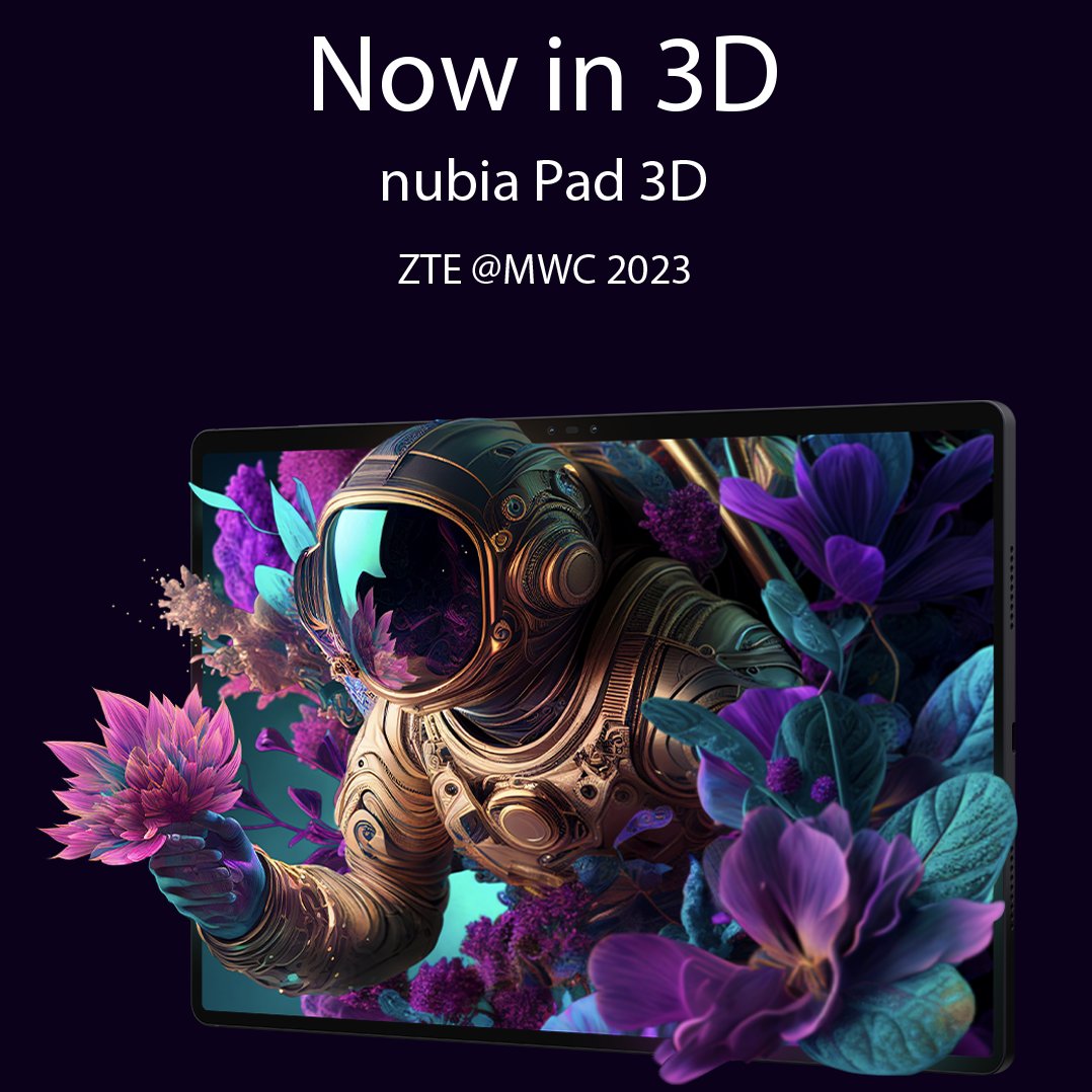ZTEDevice's tweet photo. Be ready to meet our latest #nubiaPad3D as we #pavetheway for innovation at #MWC23 🔥

This world's FIRST AI-powered Eyewear-free 3D #tablet will unlock new digital  experiences in: 
➡ #3D chat
➡ photography and videography
➡ gaming

Join us on Feb 27-28✨

#MWC #Barcelona https://t.co/Ly9FnskpfO