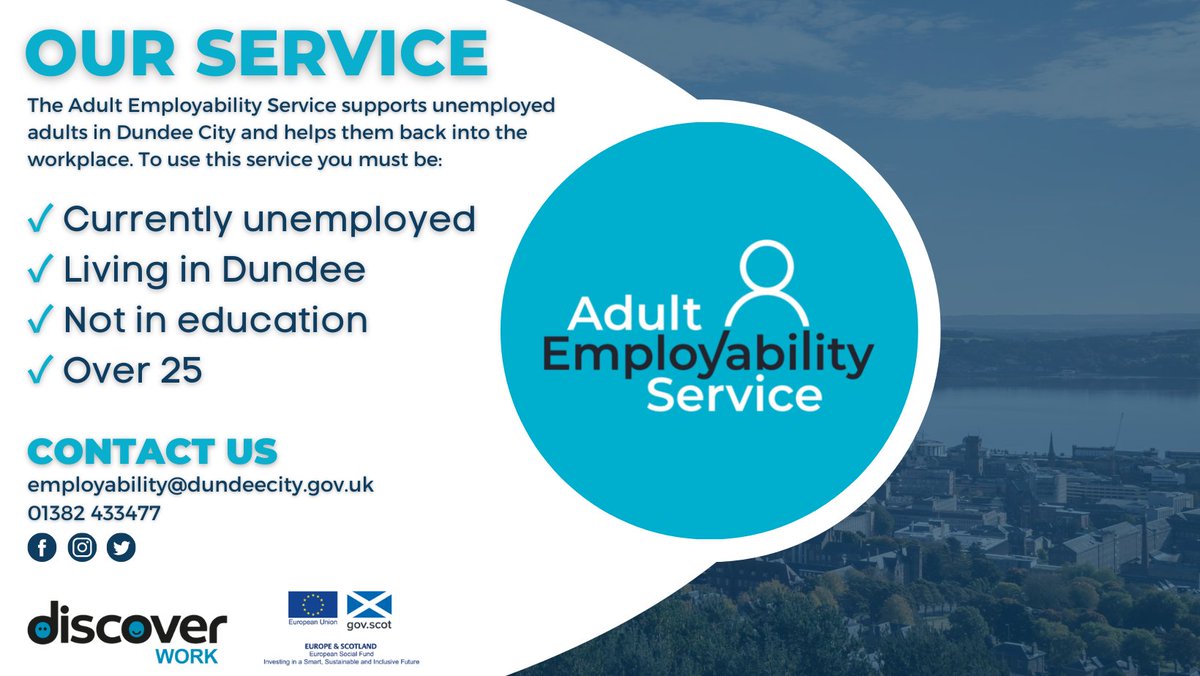 The Adult Employability Service is here to support unemployed adults living in Dundee get back into work. Get in touch today to find out more about our service and how we can help you. 

employability@dundeecity.gov.uk
01382 433477
DM us!