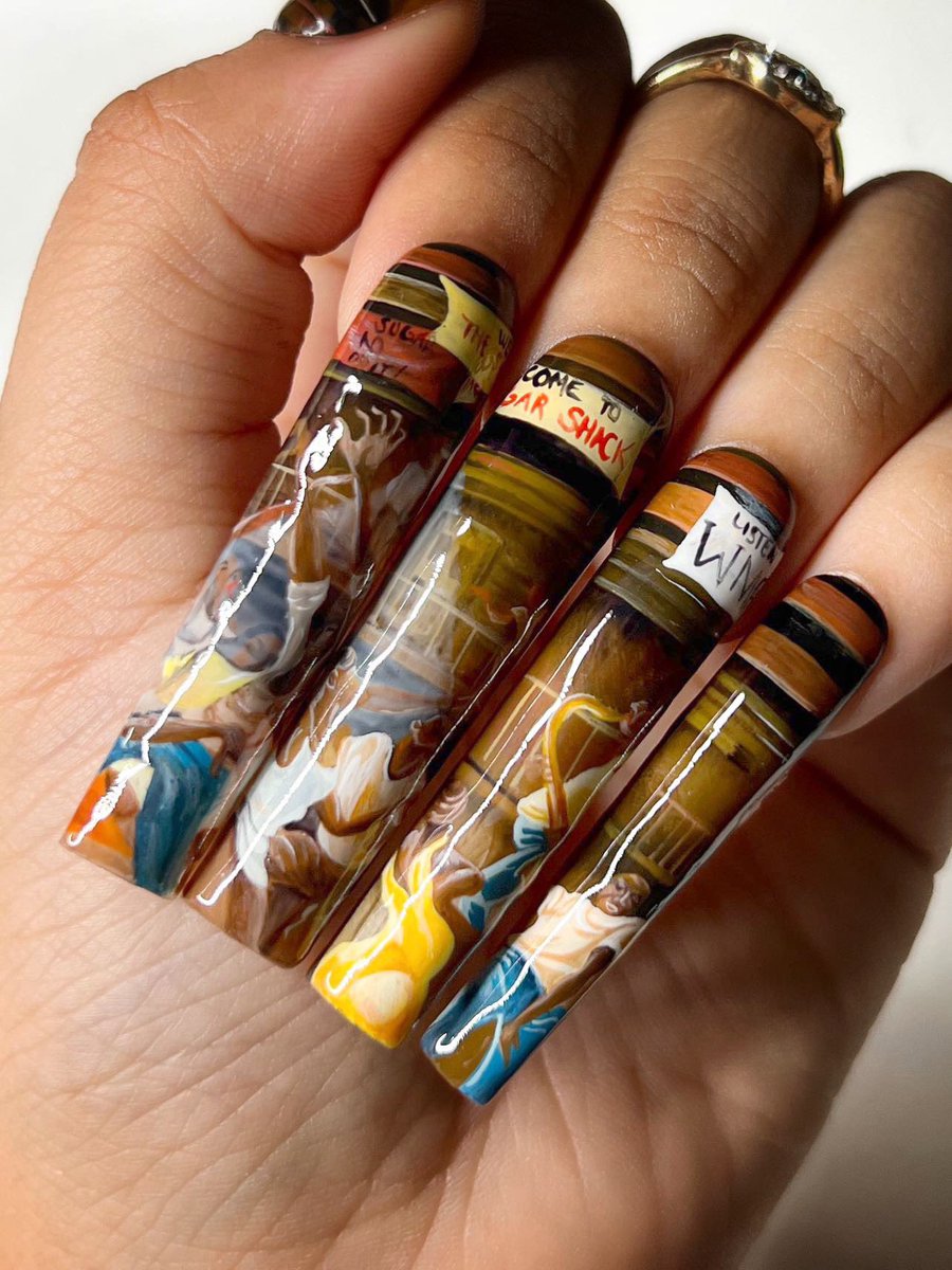 Victoriaesthete's tweet photo. Happy black history month 💖 This recreation of "Sugar Shack" took me 23 hours to hand paint on my nails but the end result was definitely worth it. https://t.co/9kUGVExkKE