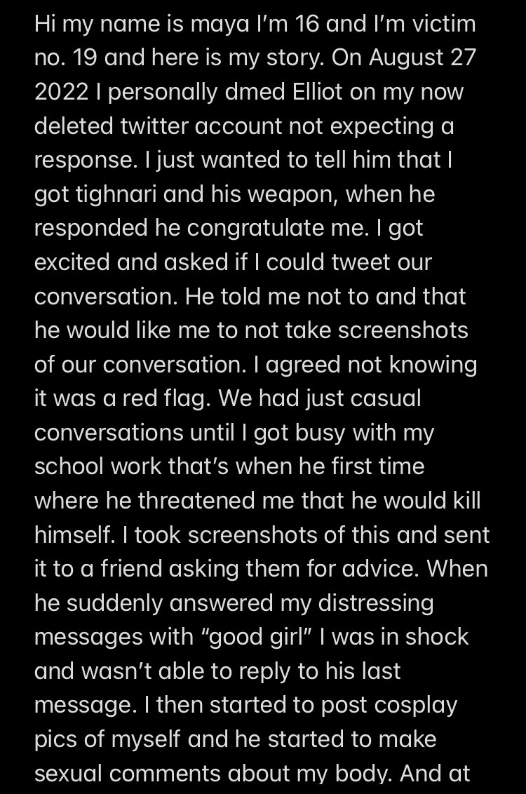 xyaex_'s tweet photo. Tw//for a lot of disturbing stuff

My whole story about #ElliotGindi 
It’s making me sick. I won’t be able to be here anymore if he contacts me again. #Tighnariva #GenshinImapct #Elliott https://t.co/FcCEjooKAC