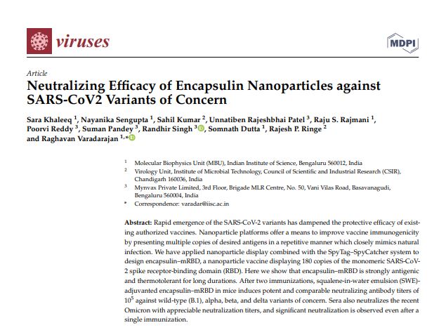 In this recent work, we developed a nanoparticle based SARS-CoV-2 vaccine which induces robust humoral response in mice and neutralizes Omicron with appreciable titers, with low scaffold antibodies. The vaccine remains antigenic upto 1mo of refrigeration.  doi.org/10.3390/v15020…