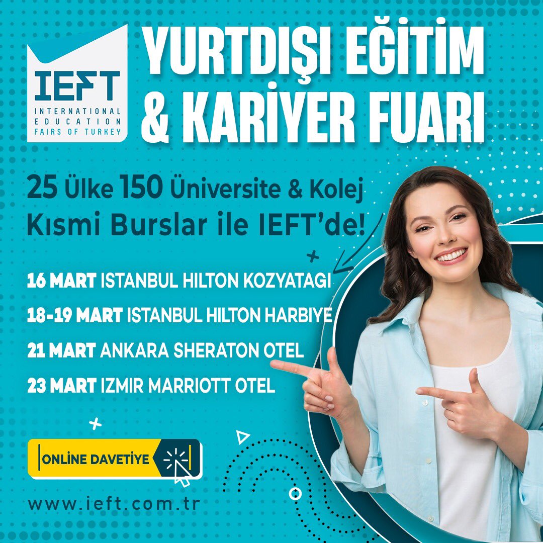 GlobalVizyon's tweet photo. IEFT Yurtdışı Eğitim &amp; Kariyer Fuarı 16-23 Mart'ta İstanbul, Ankara ve İzmir'de!

Etkinliğe Giriş için Şimdi Online Davetiyeni Al!
https://t.co/hqNpDwbX9K

#ieft #ieftfuarlari #yurtdisiegitim #ieftegitimgunleri  #yurtdisindalisans #yurtdısındayukseklisans #ukuniversity https://t.co/DuNHx6x5p9