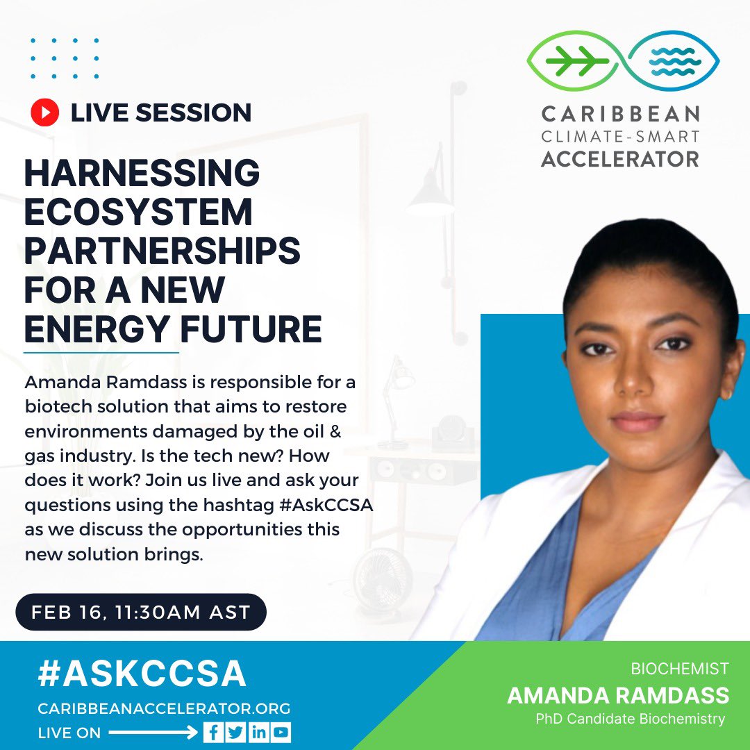 RacMoses's tweet photo. Amanda Ramdass is responsible for a biotech solution that aims to restore environments damaged by the oil &amp; gas industry. Is the tech new? How does it work? Join us live and ask your questions using the hashtag #AskCCSA 
https://t.co/wA2CakdNlt https://t.co/ogJdW1as45