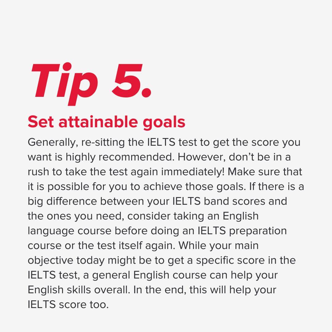 IELTSVictoria's tweet photo. If you're looking to resit your IELTS test after not achieving your desired score, we have five tips to help you focus your mind and get back on track. 🎯

Set attainable goals.

Once you feel you're ready to try the test again, you can book at the link
https://t.co/8lT4zn9zT1 https://t.co/2DogjUFXHY