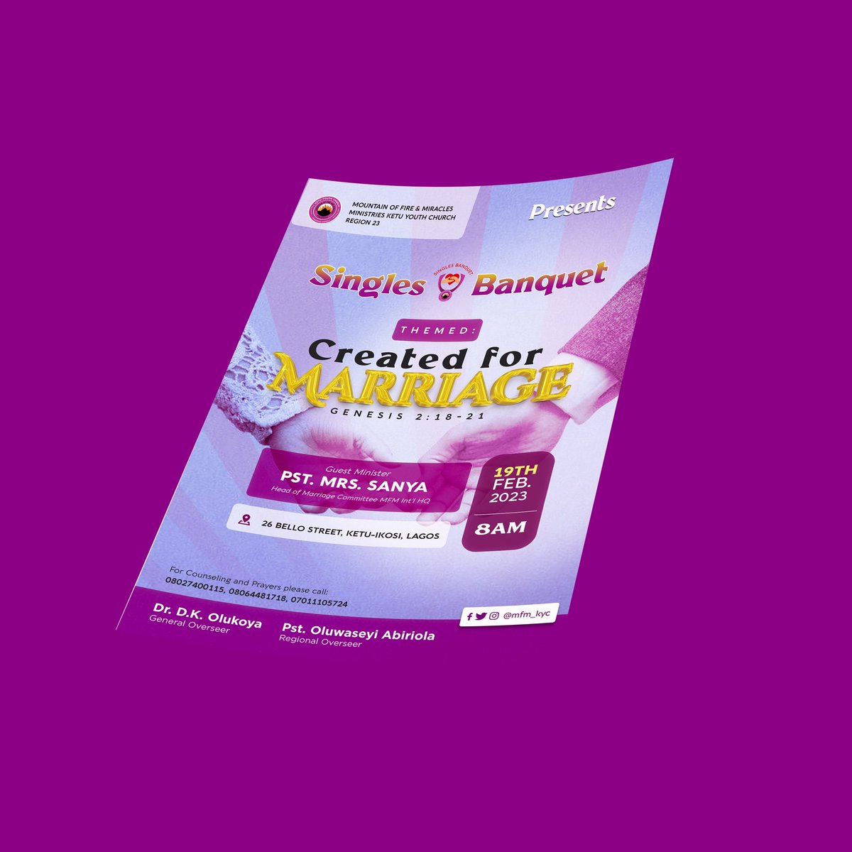 mfm_kyc's tweet photo. He made them to cover each other, in order to love and fulfill his purpose in earth.

Why else do you think God created marriage?

Watch out as we discuss about that at

MFM Ketu Youth Church, Region 23
Presents

Singles Banquet 
Themed:

CREATED FOR MARRIAGE
Gen. 2:18-21 https://t.co/rxMD3pomPi