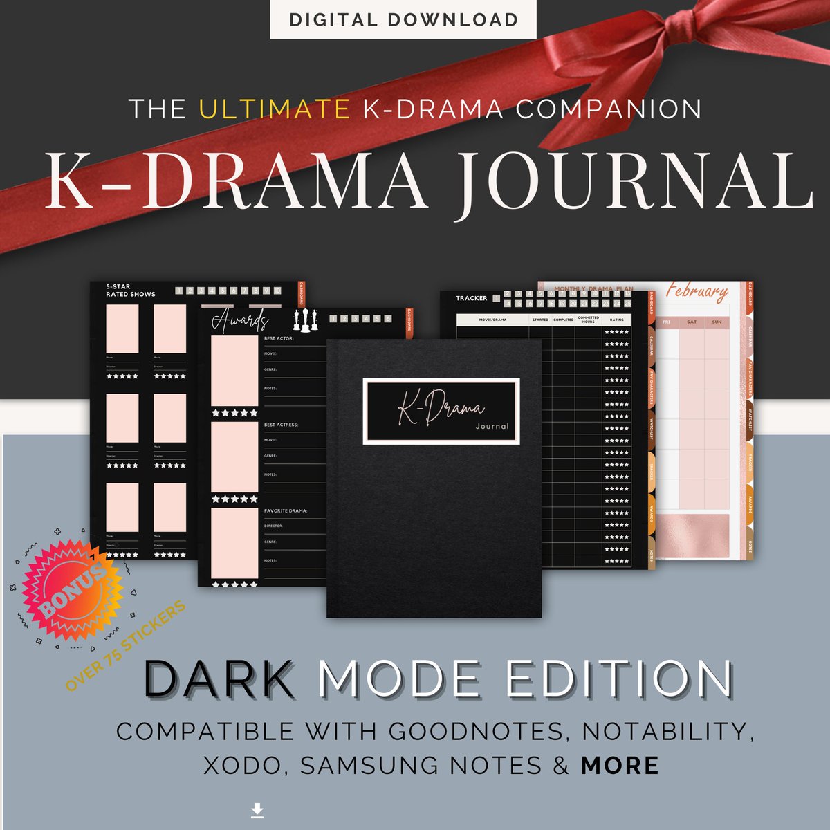 Thanks for the great review Jenn C. ★★★★★! kdramaandchill.com #etsy #black #kdramajournal #digitaljournal #koreandramajournal #goodnotesplanner #episodetracker #ipadplanner #journalandroid #notabilityplanner