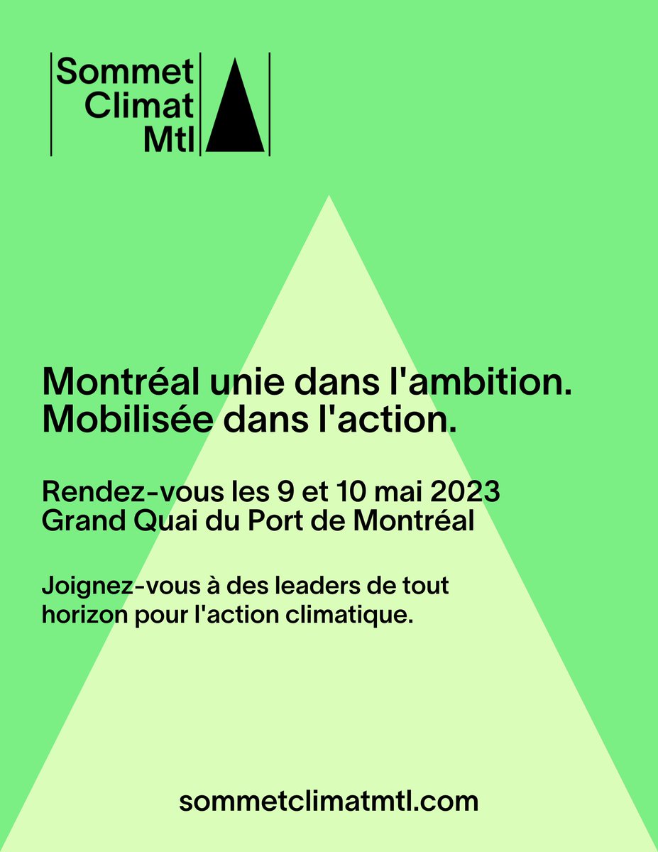 Nous avons l’immense plaisir de vous inviter à la 2e édition du #SommetClimatMtl les 9 et 10 mai 2023, au Grand Quai du Port de Montréal! Près d’une trentaine de conférences et d’ateliers sont à l’horaire. Programmation et inscription: sommetclimatmtl.com #SommetClimatMtl23