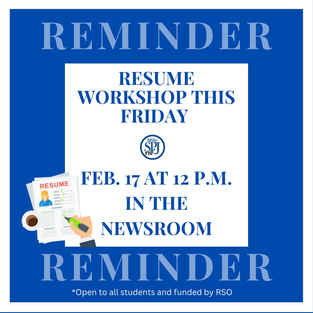spjfiu's tweet photo. Good morning Panthers 🐾! Reminder that our next meeting will be this Friday, Feb. 17 at 12pm in the Newsroom. We will be having a resume workshop led by Professor Rick Hirsch! See you there! https://t.co/fABbcN2Tzq