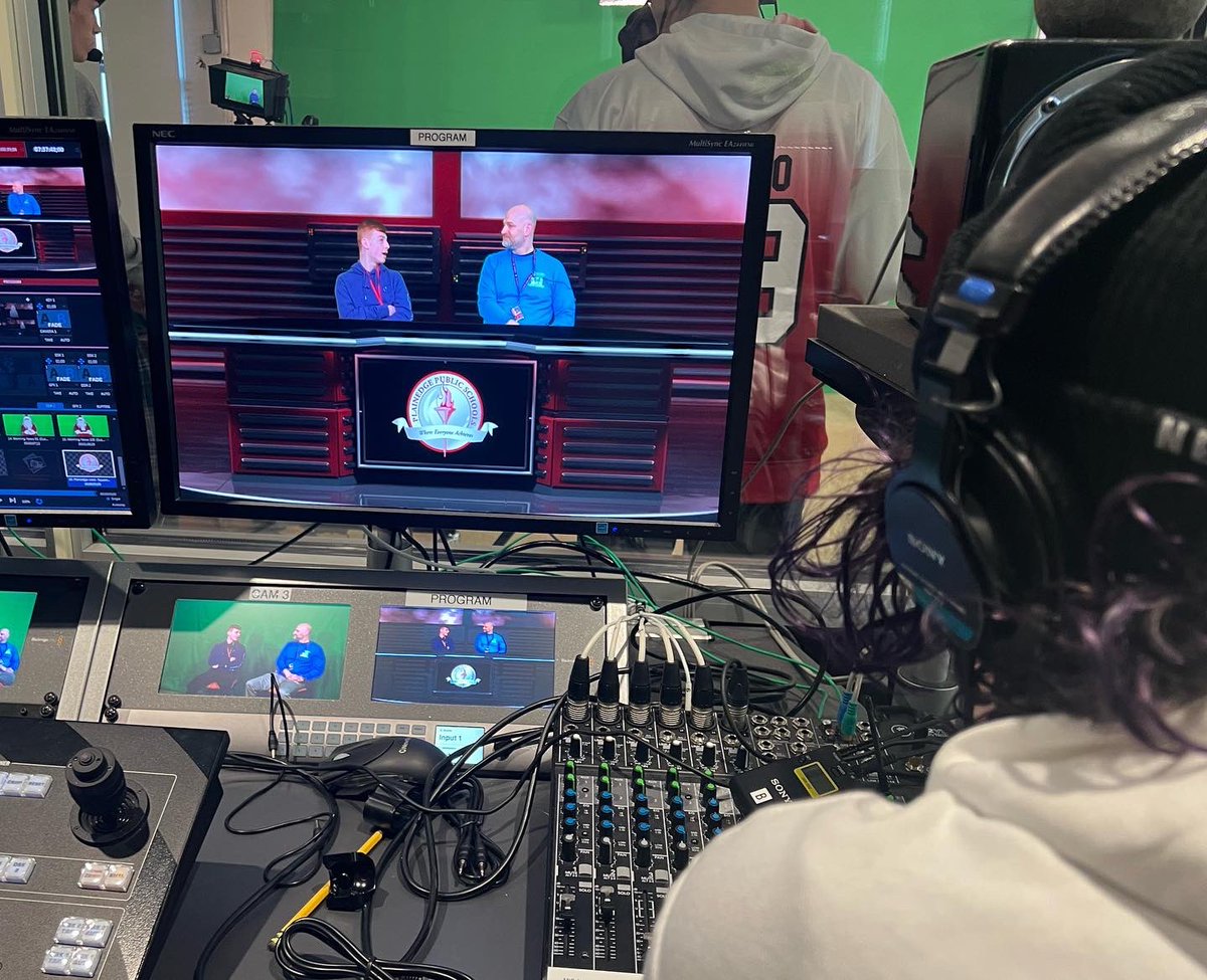 PlainedgeTV's tweet photo. It’s lights, camera, action with our principal, Mr. Amster! Our student-run team seamlessly operated the studio cameras, microphones, and lighting. Our on-air talent was engaging and informative. A great morning was had by all as we filmed, “A Day in the Life!”#WeArePlainedge https://t.co/7nKDoeqRvJ