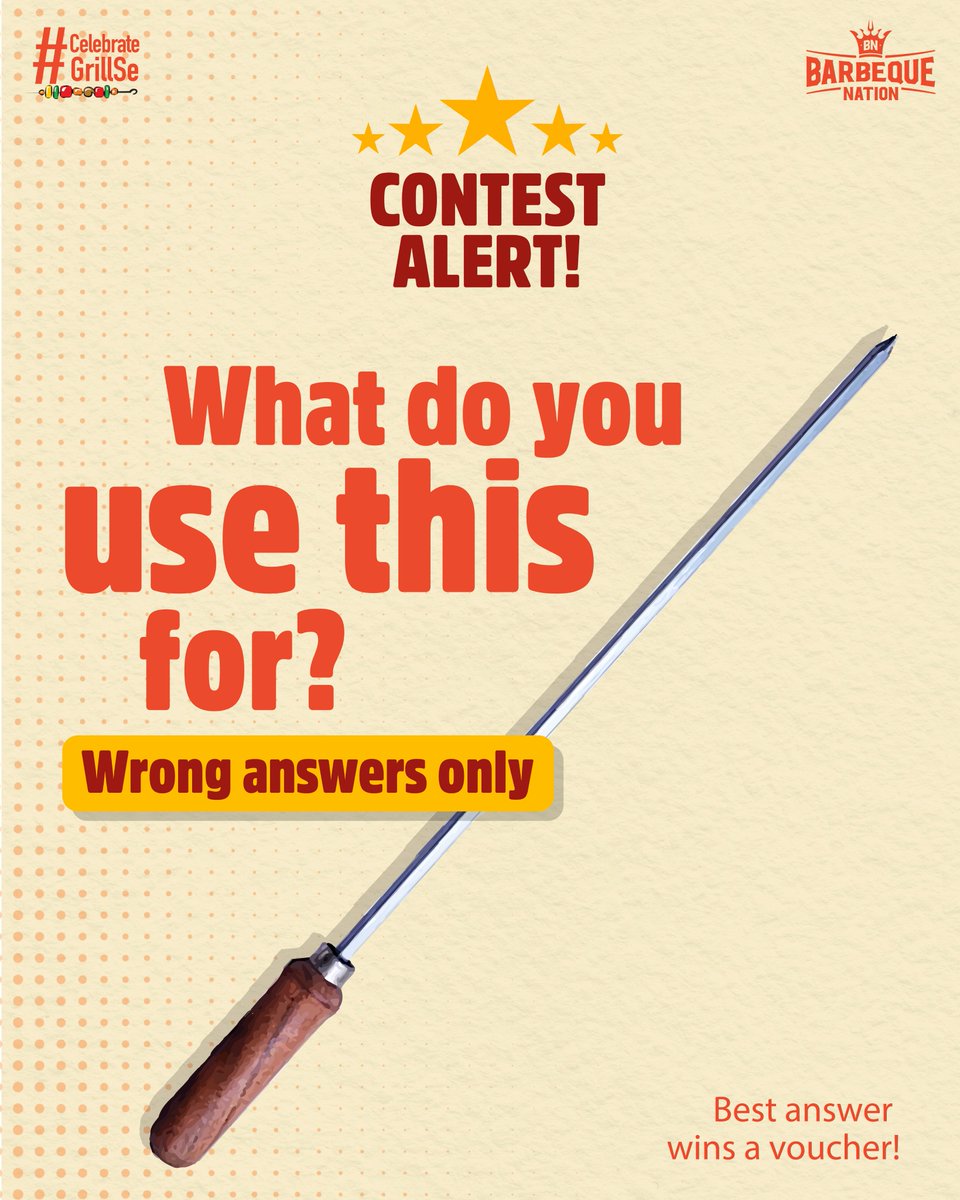 BarbequeNation's tweet image. Draw your skewers, and let the battle begin!

Tell us how you use skewers (only wrong answers allowed) and you could win a Barbeque Nation voucher! 😃😍

#CelebrateGrillSe #barbequenation #bbqnation #ilovegrilling #unlimitedfood #contestalert #contestalertindia #thursdayvibes
