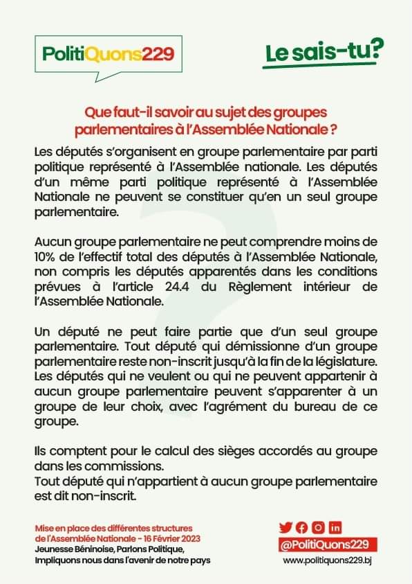 politiquons229's tweet photo. 🇧🇯 Les députés de la 9ème législature se retrouvent ce jeudi 16 février 2023 pour la constitution des groupes parlementaires et la mise en place des commissions permanentes.
Que faut-il savoir à propos des groupes parlementaires et comment sont ils organisés au sein du parlement? https://t.co/Jjw94lhxrv