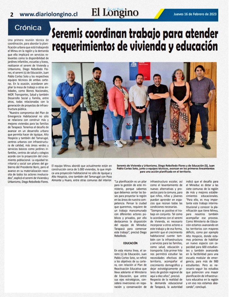 seremieduc01's tweet photo. #MineducEnLaPrensa 📸
Diario @ElLongino informa sobre el trabajo entre @minvutarapaca
Y @seremieduc01 para abordar la planificación urbana regional y su proyección, que considerará las necesidades de la comunidad en servicios educativos como jardines, escuelas y liceos 🏫  ✔️ . https://t.co/HWQ10W3IrW
