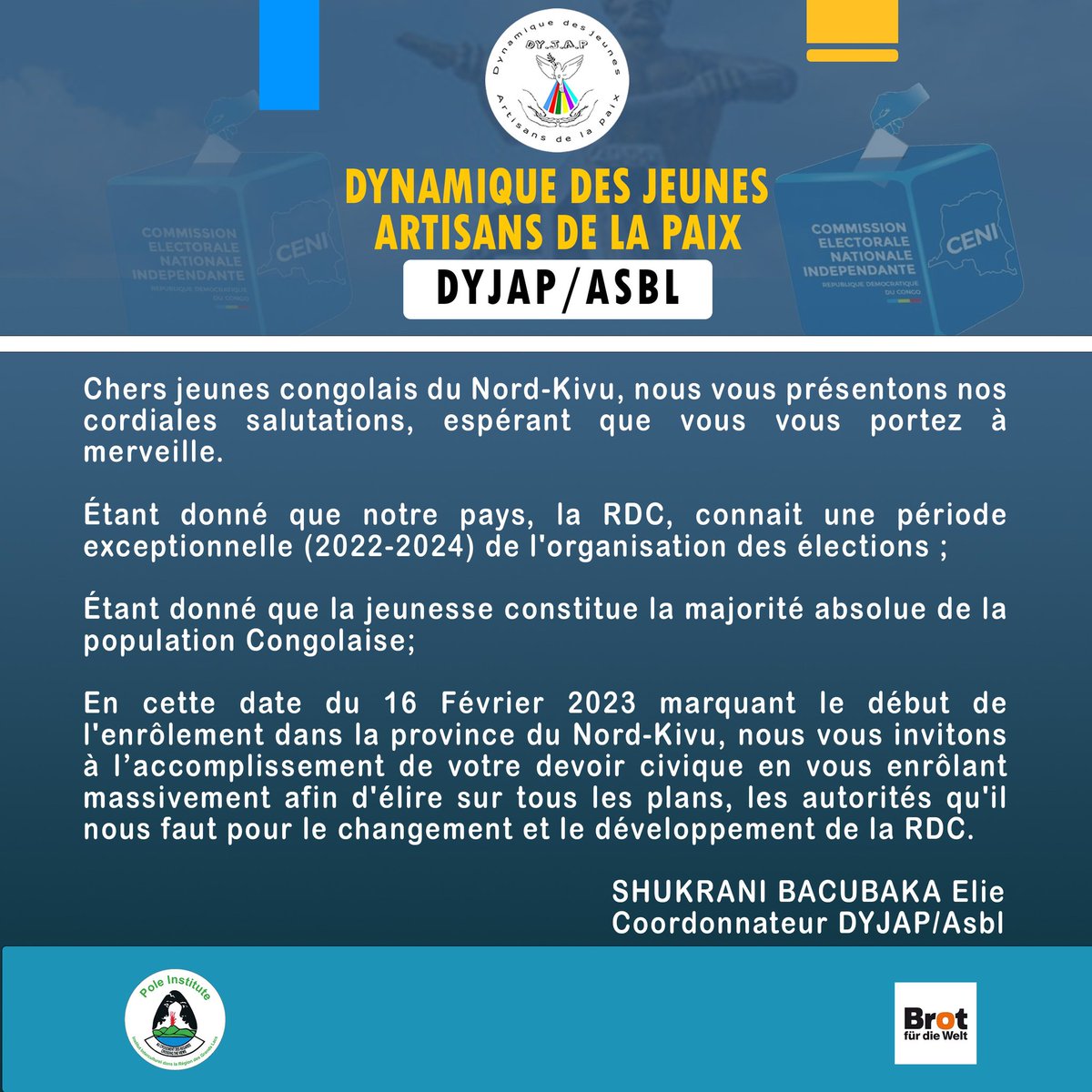 Une grande opportunité que la jeunesse congolaise doit saisir pour arriver à changer l'histoire de notre pays !!
<a href="/PoleInstitute/">Pole Institute</a> <a href="/BROT_furdiewelt/">Brot für die Welt</a> <a href="/NeneMorisho/">Nene Morisho</a> <a href="/isaac_muchele/">Isaac Muchele</a>
