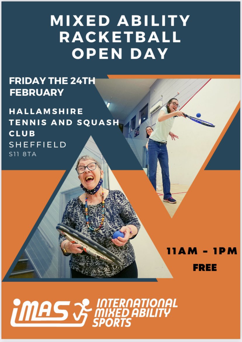 CalderSquash's tweet image. Next Friday the #mixedability revolution rolls into @Hallamshire!

Home to non other than squash champ @nickmatthew! 

If your looking to try something new, fun and inclusive just come along on the day! 

Yay 😁 

@DisabilitySheff 
@movemoresheff 
@IMAS_sport4all 
@englandsquash