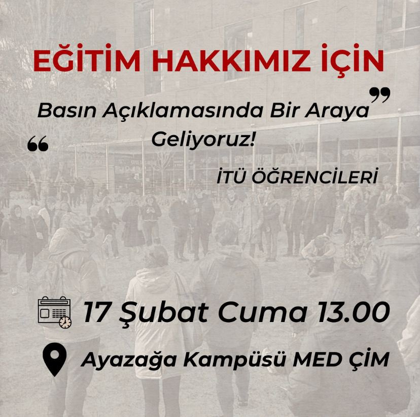 İTÜ öğrencileri olarak, yurtların çözüm olmadığını ve online eğitim sisteminin daha büyük eşitsizlikleri beraberinde getireceğini düşünüyoruz eğitim ve barınma hakkımızı savunmak için 17 Şubat Cuma günü saat 13.00te basın açıklamamızı yapmak üzere MED Çimler’de buluşuyoruz!