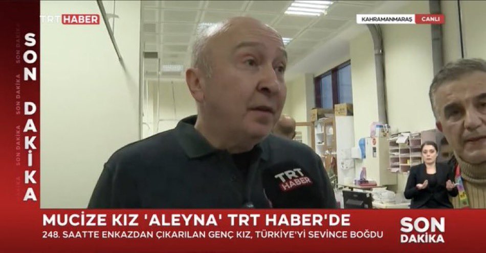 11. gün enkazdan çıkarılan Aleyna hakkında konuşan Cerrahi Prof. Dr. Alptekin Yasım: 

Şimdiye kadar hiçbir şey yiyip içmeyen birisinin böbrek fonksiyonlarının böyle korunmuş olması.. Bazı şeyleri tıbben izah edemiyorsunuz.