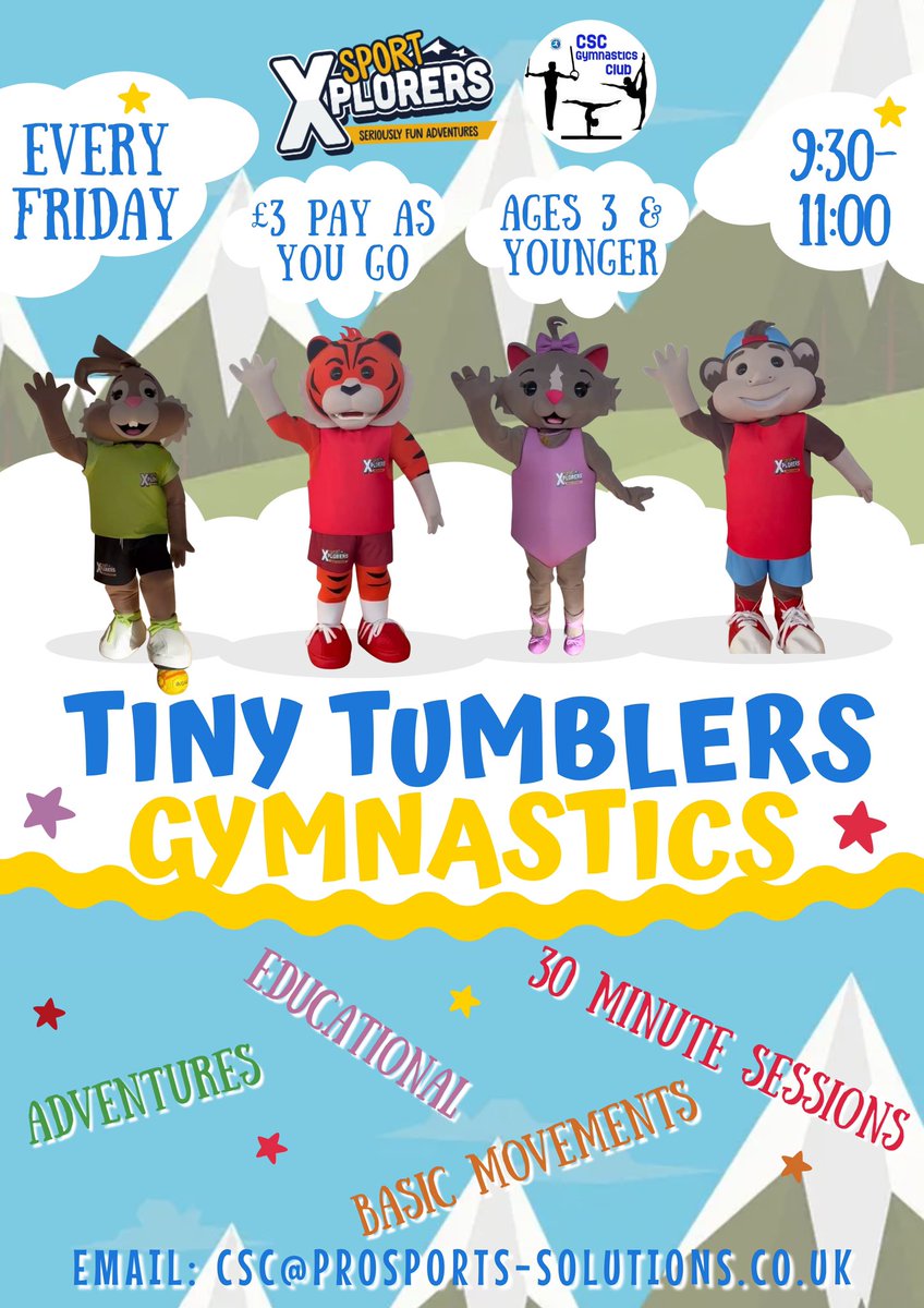 SportXplorers's tweet photo. Join us tomorrow for our Sport Xplorers X Tiny Tumblers session at @CSCGymProsports ☺️

This week Balancing Bella will be taking your little ones on an adventure to the seaside teaching balancing and co-ordination🌊🐱

Any questions please email csc@prosports-solutions.co.uk💜 https://t.co/wRH0N6El82