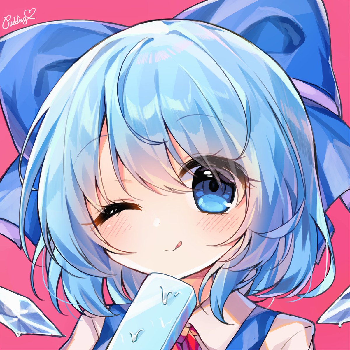 cirno 1girl one eye closed blue hair solo tongue blue eyes tongue out  illustration images