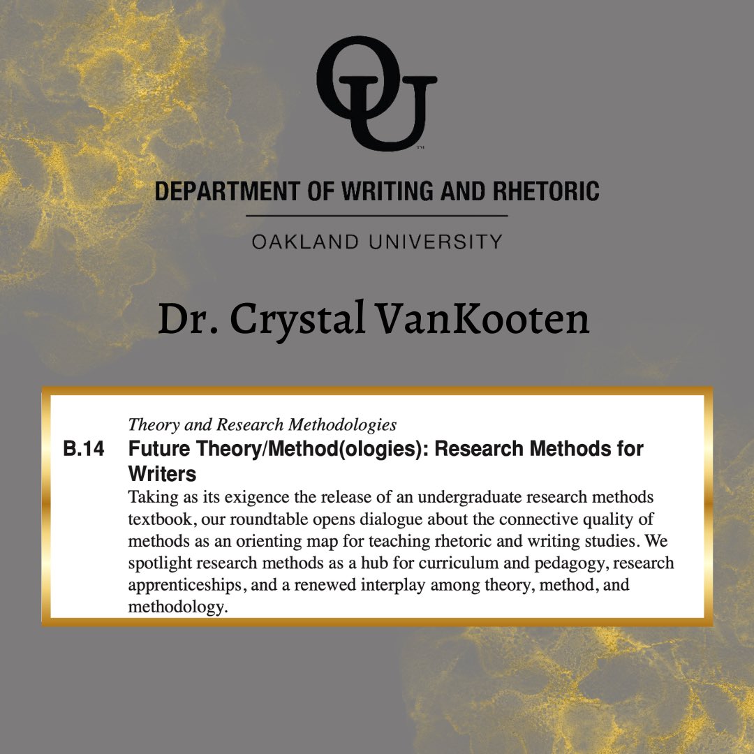 OUWRT's tweet image. Many of our amazing faculty are attending the C’s conference this weekend! What’s more—our very own Dr. VanKooten is part of a round table discussion today at the conference! 🤩

#oaklanduniversity #thisisou #rhetcomp #cccc