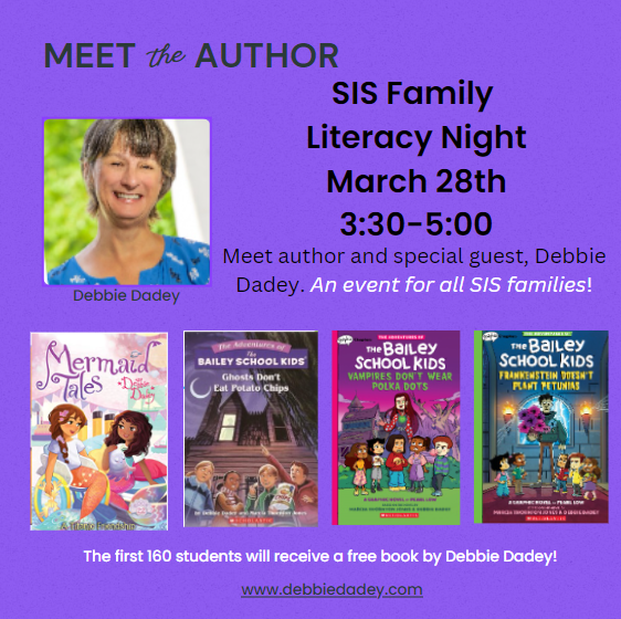 ses_cubs's tweet photo. Mark your CALENDARS! March 28th will be our SIS Family Literacy Night from 3:30-5:00. We hope you are able to join us as we Meet the Author, Ms. Debbie Dadey, of some of our students' favorites #MermaidTales #AdventuresoftheBaileySchoolKids ! #ReadingBuildsLeaders #SISfamily https://t.co/jxroOD5t7G