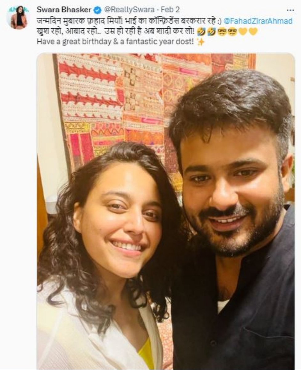 BJP_Digvijay's tweet photo. स्वरा का स्वरों में आए बदलाव का कारण है उनके भैया ।
जिनकी अब वो बेगम बन चुकी है ।
DDLJ का मतलब था दिल वाले दुल्हनिया ले जाएंगे , लेकिन यहां हुआ यूं – भाई बनकर दुल्हनिया ले जायेंगे ।। 😂😂

@ReallySwara @aajtak @sudhirchaudhary @RajatSharmaLive @BJP4India
"शादी मुबारक" https://t.co/zC9GI1UeBY