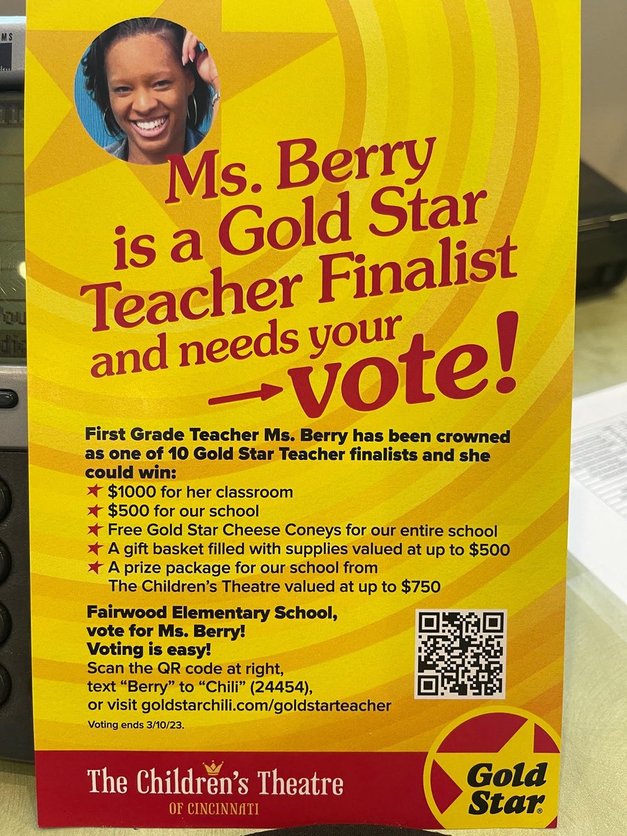 Kiara Berry, Fairwood 1st Grade teacher &amp; author of  "Which Cape Will I Wear Today?" has been named one of 10 finalists for the Gold Star Teacher of The Year Award.  Please vote for Kiara by texting "Berry" to "Chili" (24454) or by visiting goldstarchili.com/goldstarteacher by 3/10/2023.