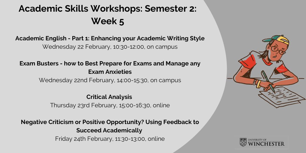 We have some great workshops for you in Week 5!  Details of the full workshop programme, including how to book your place, can be found on the Student Support and Success Intranet pages.