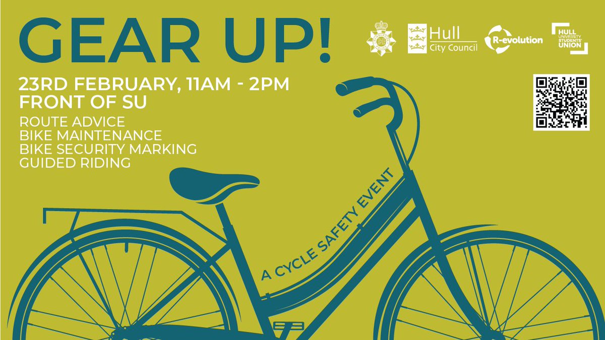 HullUniUnion's tweet photo. Gear Up! β A special one-off event
Join us on Thursday 23rd February outside Student Central, 11-2PM.
#Bikesafety #RouteAdvice #BikeMaintence #GuidedRide #HumbersidePolice #TheBikeHub #HullCityCouncil #Event #HUSU https://t.co/0ut09z9BlE