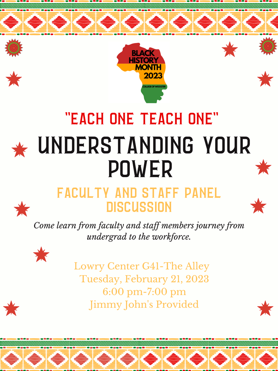 MsaWooster's tweet image. Join us Tuesday, 2/21/23 at 6:00 pm for the "Each One Teach One" Faculty and Staff Panel Discussion at the Alley (G41) in Lowry Center!

We hope to see you there!