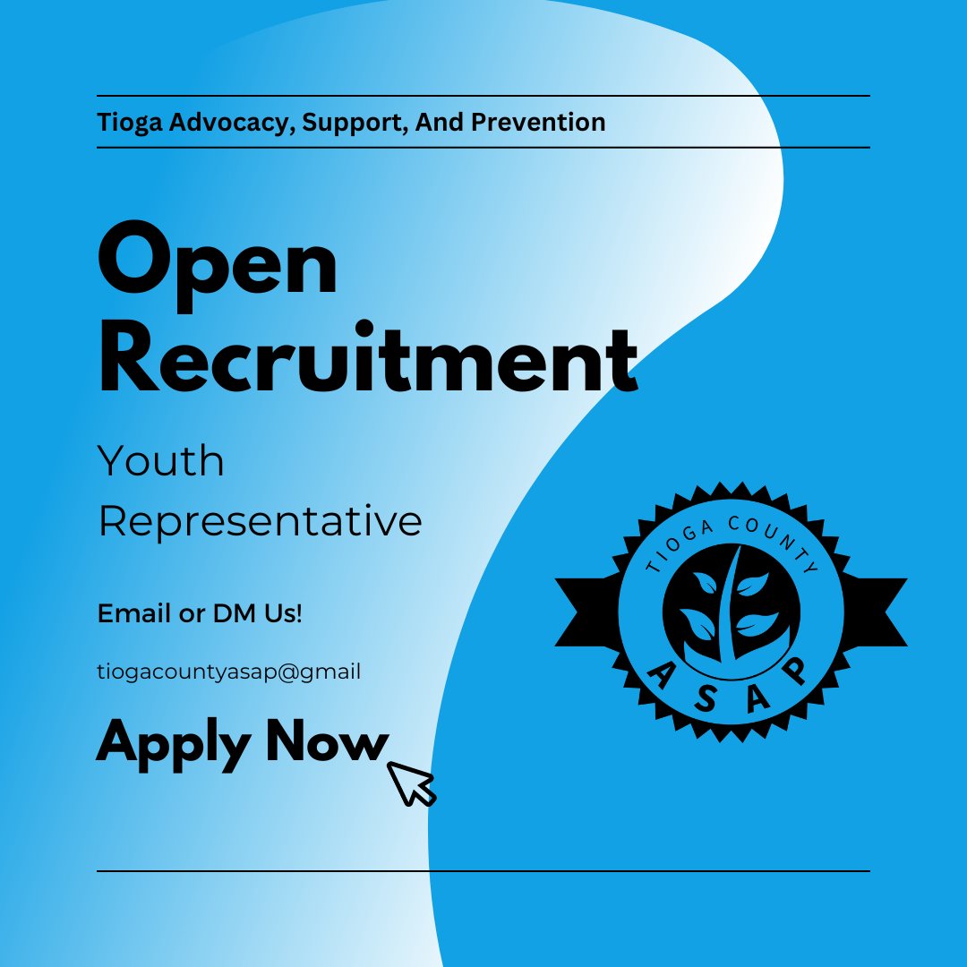 This is a great opportunity for teens to get experience planning events, public speaking, etc. This can count towards any volunteer hours needed for schooling and is a great opportunity to add to resumes! Please email tiogacountyasap@gmail.com or DM us if you're interested!