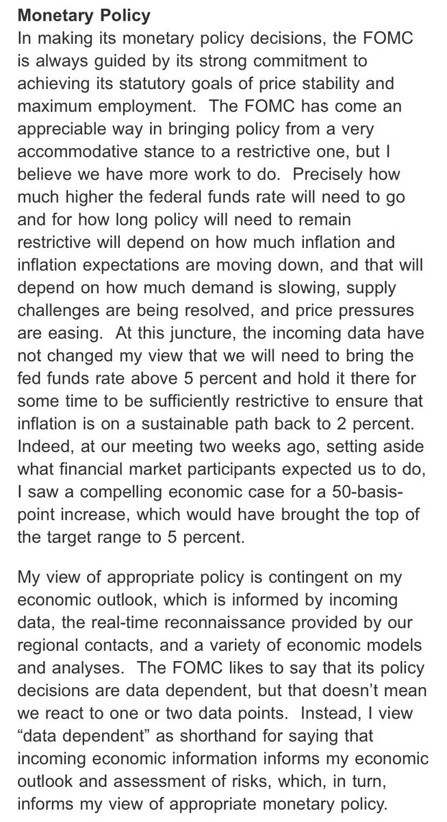 NickTimiraos's tweet photo. Cleveland Fed President Loretta Mester: At the last FOMC meeting, “I saw a compelling economic case for a 50-basis-point increase, which would have brought the top of the target range to 5%” https://t.co/VO2Pb0Qo3H