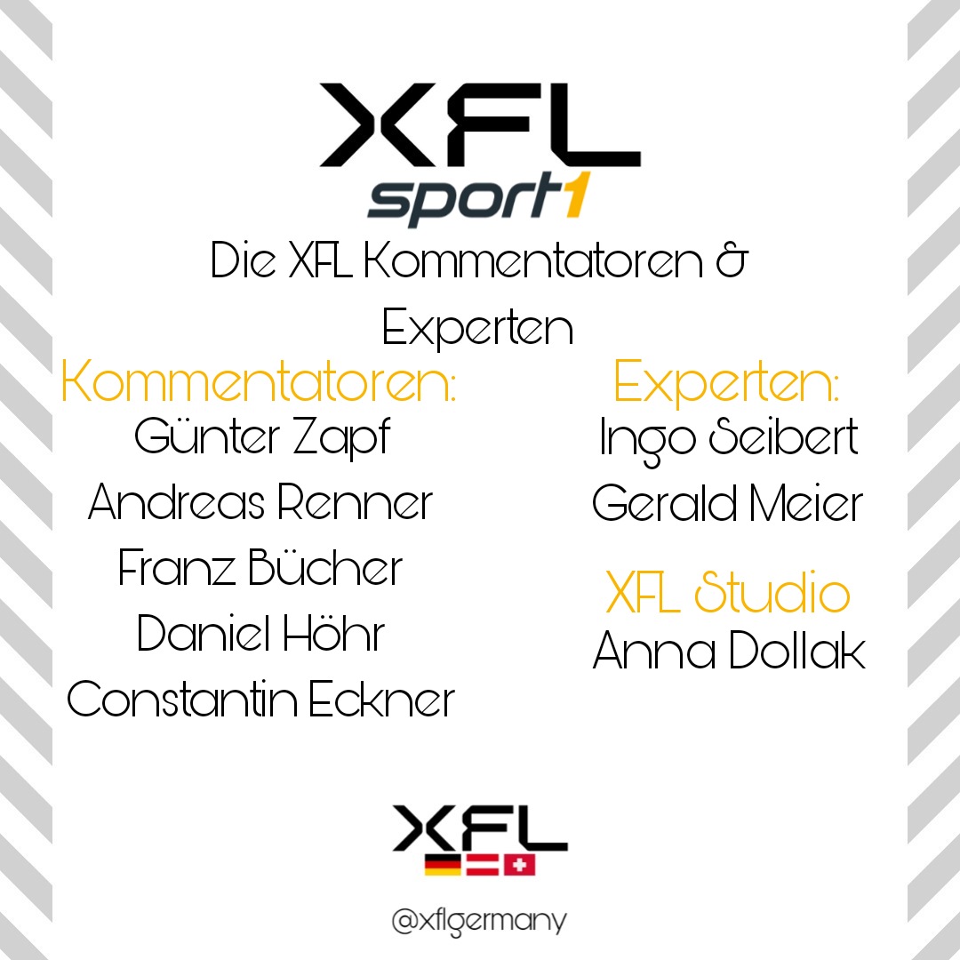 XFLGermany's tweet photo. Die @SPORT1 Experten und Kommentatoren sowie die Moderation des XFL Studios sind bekannt. Es sind einige illustre und bekannte Namen dabei. Am Samstag gehts los
#ranNFL #ranXFL https://t.co/oOC8WaApKc