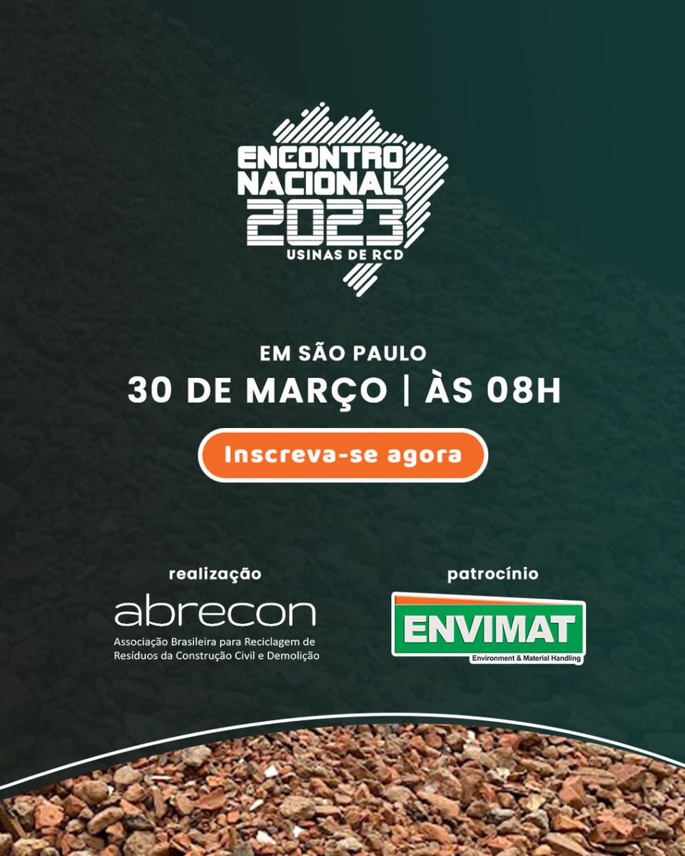 Abrecon_brasil's tweet photo. Encontro Nacional das Usinas de #Reciclagem de RCD 2023

O Encontro da #Abrecon é atualmente o único evento do Brasil a discutir a gestão dos #resíduos da construção, popularmente conhecidos como entulho, caliça ou metralha. https://t.co/zoWZkLl5UO