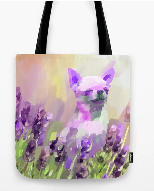 One of my #CHIHUAHUA paintings on a bag, the joy of #lavenderbag and  cute #puppylove society6.com/product/chihua…