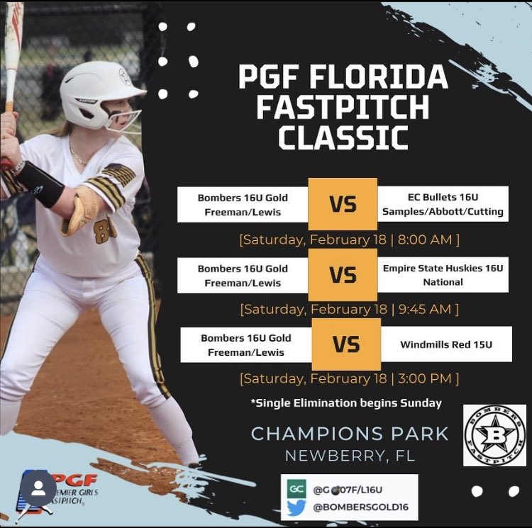 2026Ebbie's tweet photo. So pumped for our first tournament of the season! Tune in on Game changer this Saturday and Sunday to watch us do our thing! @BombersGold16u @GatorsSB @UNCSoftball @KSUOwlsSB @AuburnSoftball @freemanmekhia https://t.co/qsAaaHLXXA