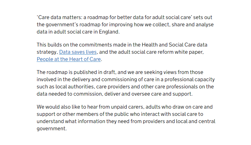 owenboswarva's tweet photo. Care data matters: a roadmap for better data for adult social care https://t.co/FaYT0dtT0o draft document from @DHSCgovuk with a request for feedback #caredata #socialcaredata #datasharing #dataprotection #unpaidcarers #adultsocialcare https://t.co/4ANDLqdCKt