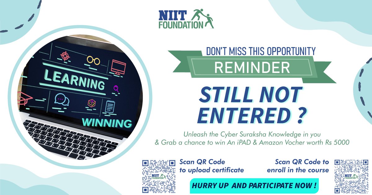 NIIT_Foundation's tweet image. Ready to learn and unleash a fantastic opportunity for yourself? 
Enroll in our #Cybersecurity Course and get a chance to win an iPad and Amazon voucher.
Take the quick route - scan the QR code to enroll in our Cyber Security Course right away!
#LearnAndWin #ipad #skilling #CSR
