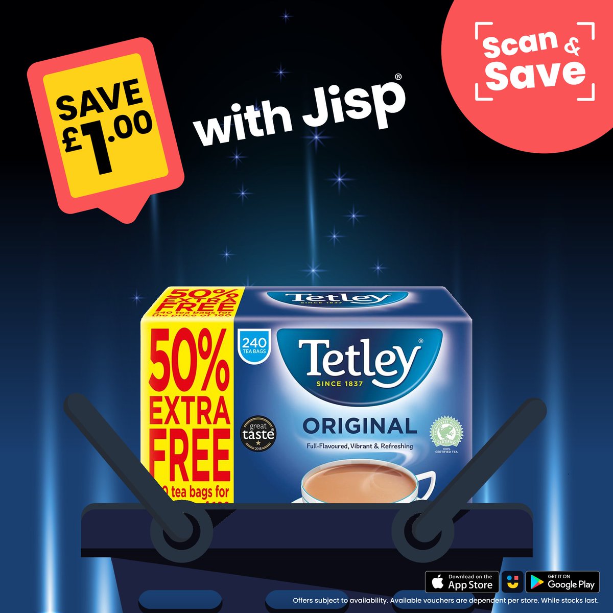 NisaSalisbury's tweet image. Save money on your next brew thanks to @jispapp #ScanAndSave! Get £1.00 off this 240 pack of Tetley Tea Bags when using #JispScanAndSave! There's lots more savings to be had, so download the free app today!
