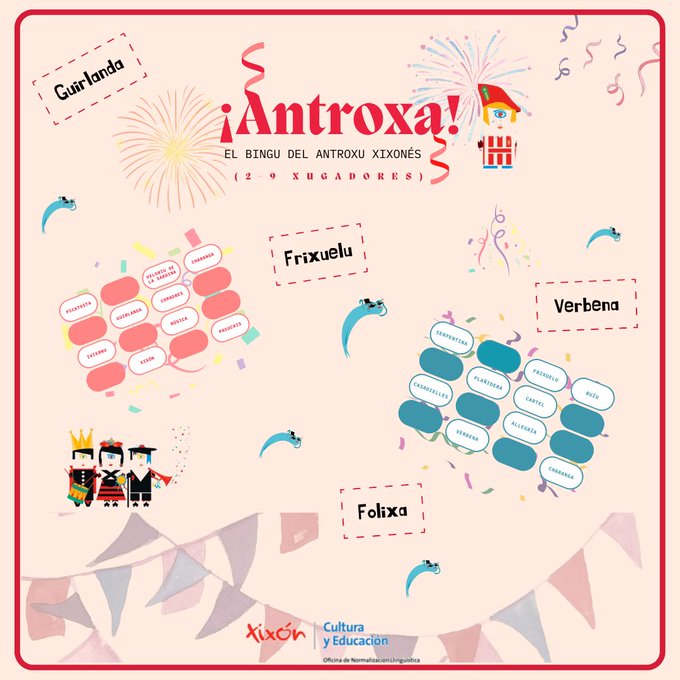 JuventudGijon's tweet photo. 🎟️Conoces el Bingu del Antroxu xixonés🎟️ ⁉️
@LlinguaXixon nos facilita este juego lleno de palabras en asturianu relacionadas con el Antroxu 🎉😍
🔗Descargar PDF para imprimir👉https://t.co/odi0EhHRa7
#asturianu #bingu #antroxu #Xixón #familia #xuegu https://t.co/kQaFsYytVr