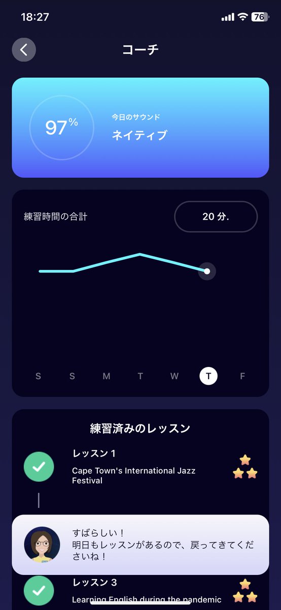 Eigotoshibainu's tweet image. 夜のELSA終了ー。🐕

10レッスン＋会話式
20分、97%

まあまあかな。😀

 #ejb #英語垢ボキャビル部