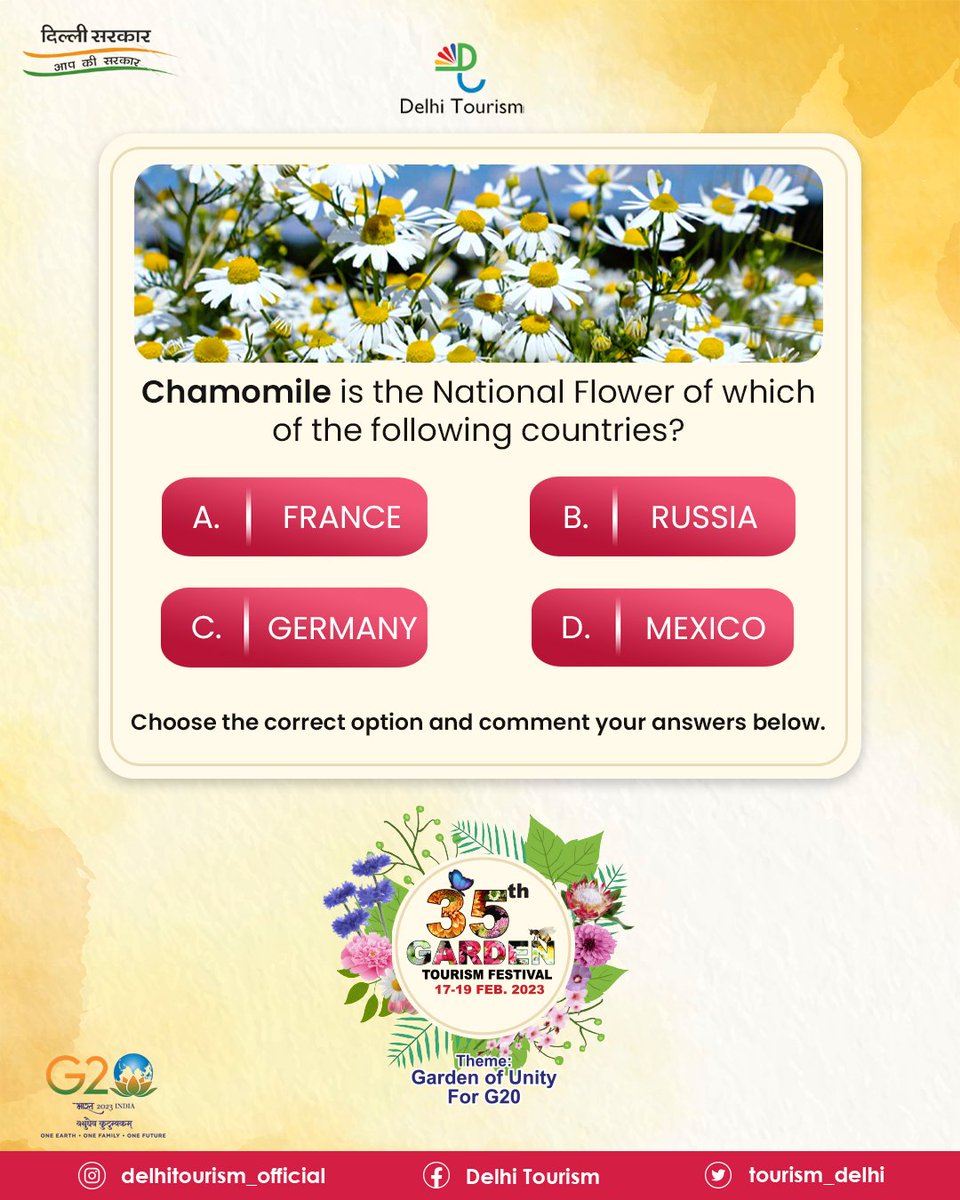 tourism_delhi's tweet photo. Like Lotus is for India, and Tulips for Turkey, guess the right answer for the beautiful Chamomile.
Comment your answers below.
#35thGardenTourismFestival #dttdc #DelhiTourism #gardenfestival #sodelhi #DekhoMeriDilli
@g20org https://t.co/GhSzocjBhW
