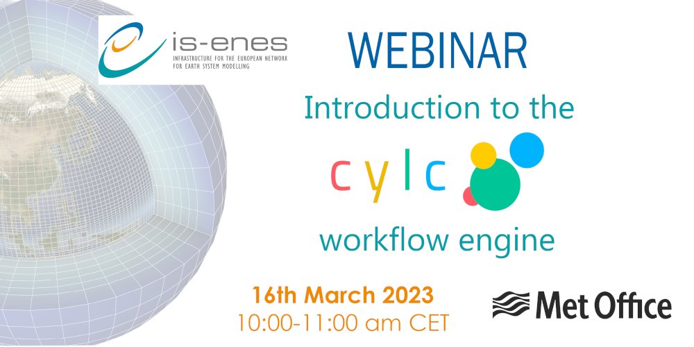 📢IS-ENES3 Webinar: #Cylc, a workflow engine with support for cycling systems

Organised by IS-ENES3 with the <a href="/metoffice/">Met Office</a>
On Thursday March 16th, 10:00-11:00am CET

Register here before March 14th: forms.gle/CJBspLc4wGTPqs…