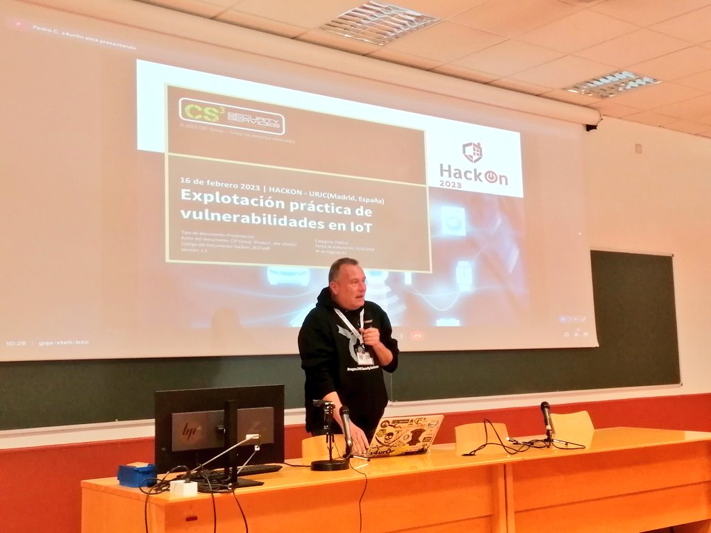 AngelSerranoPhD's tweet image. Charla de Pedro Candel &quot;s4ur0n&quot; sobre hacking y vulnerabilidades en Internet of Things #HackOn #HackOn2023 #URJC #YoSoyURJC