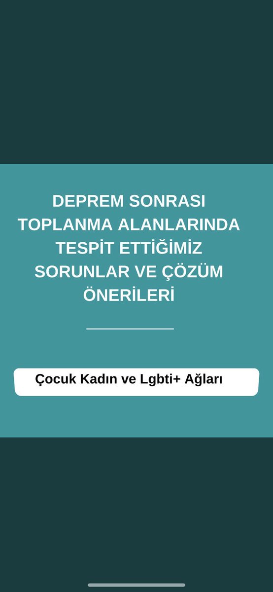 Diyarbakır Çocuk, Kadın ve LGBTİ+ Ağları olarak hazırladığımız “Deprem Sonrası Toplanma Alanlarında Tespit Ettiğimiz Sorunlar ve Çözüm Önerileri”ne linkten ulaşabilirsiniz. drive.google.com/file/d/1yl57ww…