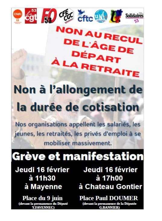 DetaisMarion's tweet photo. H-1 - pour la première manif contre #ReformesDesRetraites à Mayenne.

RDV à 11h30 - place juin 

#greve16fevrier https://t.co/INZ3WYDjMj